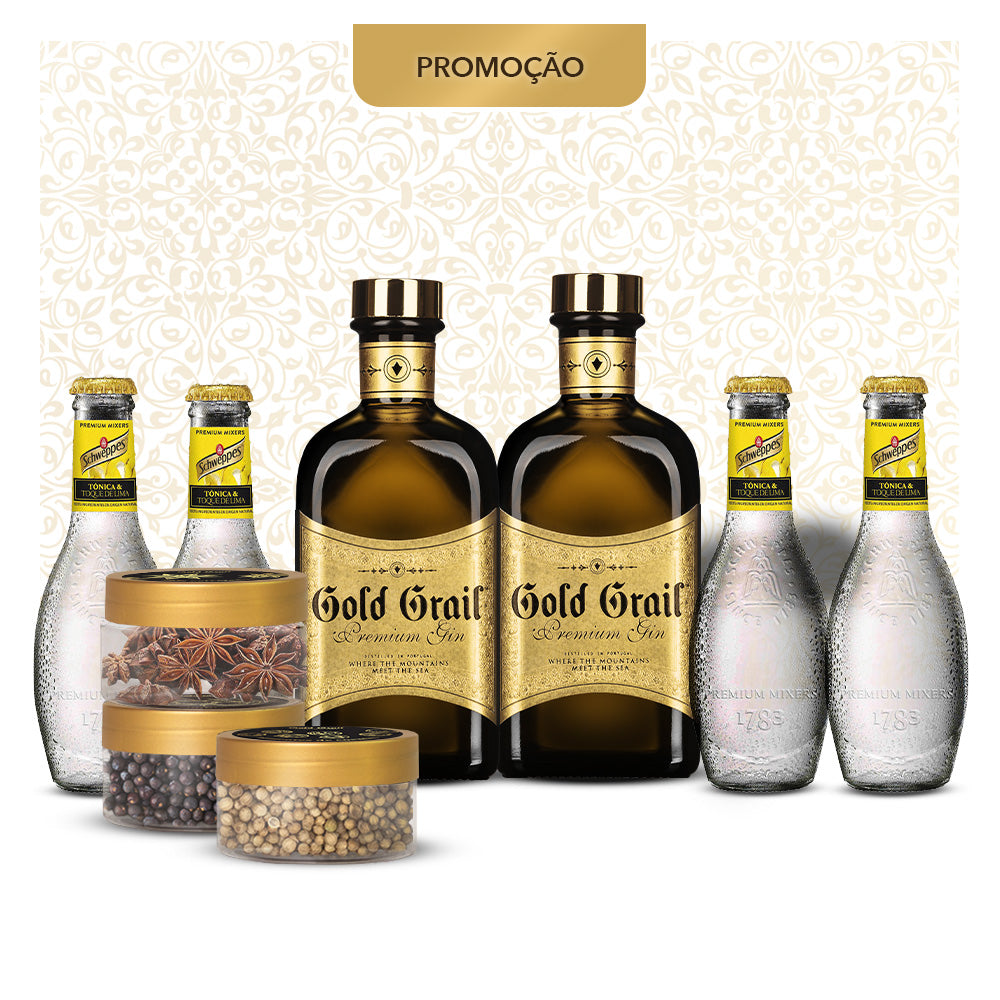 Gold & Tonic II: 2 Garrafas Gold Grail Gin + 4 Tónicas Schweppes Premium + Conjunto de 3 Botânicos