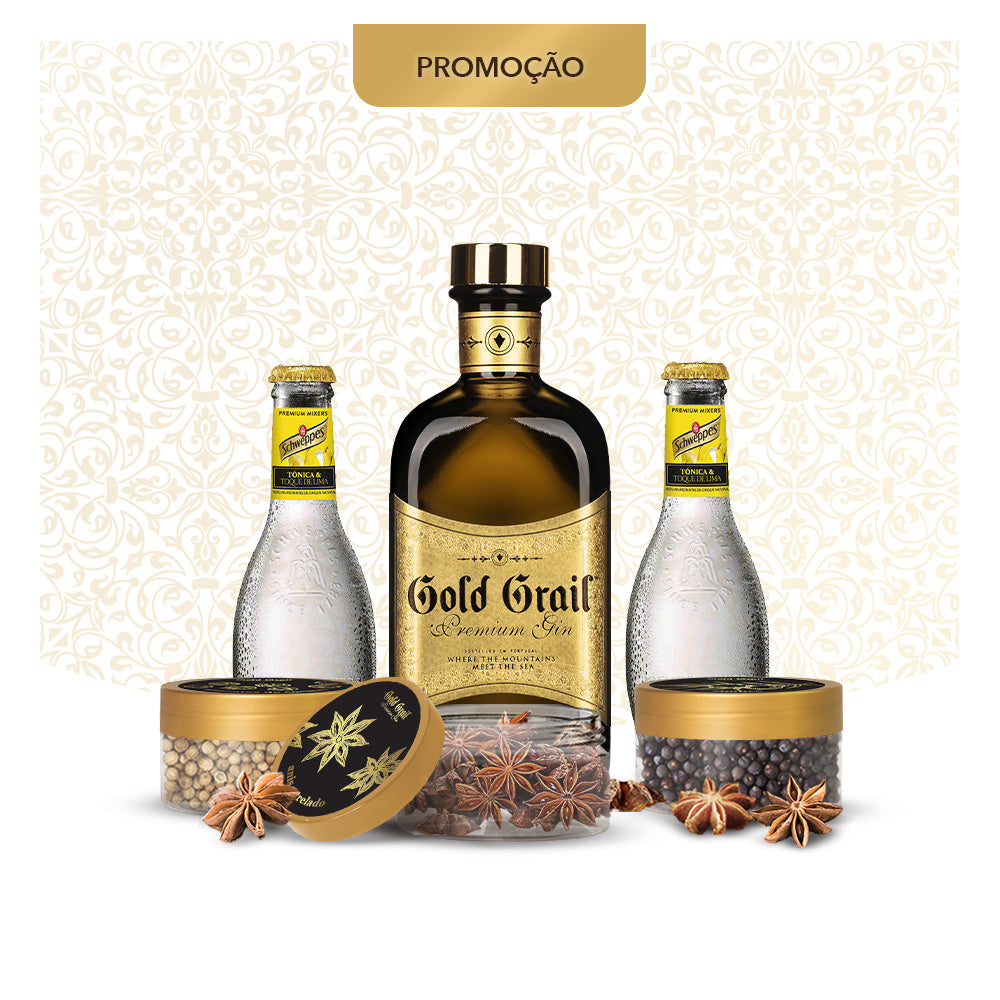 Gold & Tonic: 1 Garrafa Gold Grail Gin + 2 Tónicas Schweppes Premium + Conjunto de 3 Botânicos