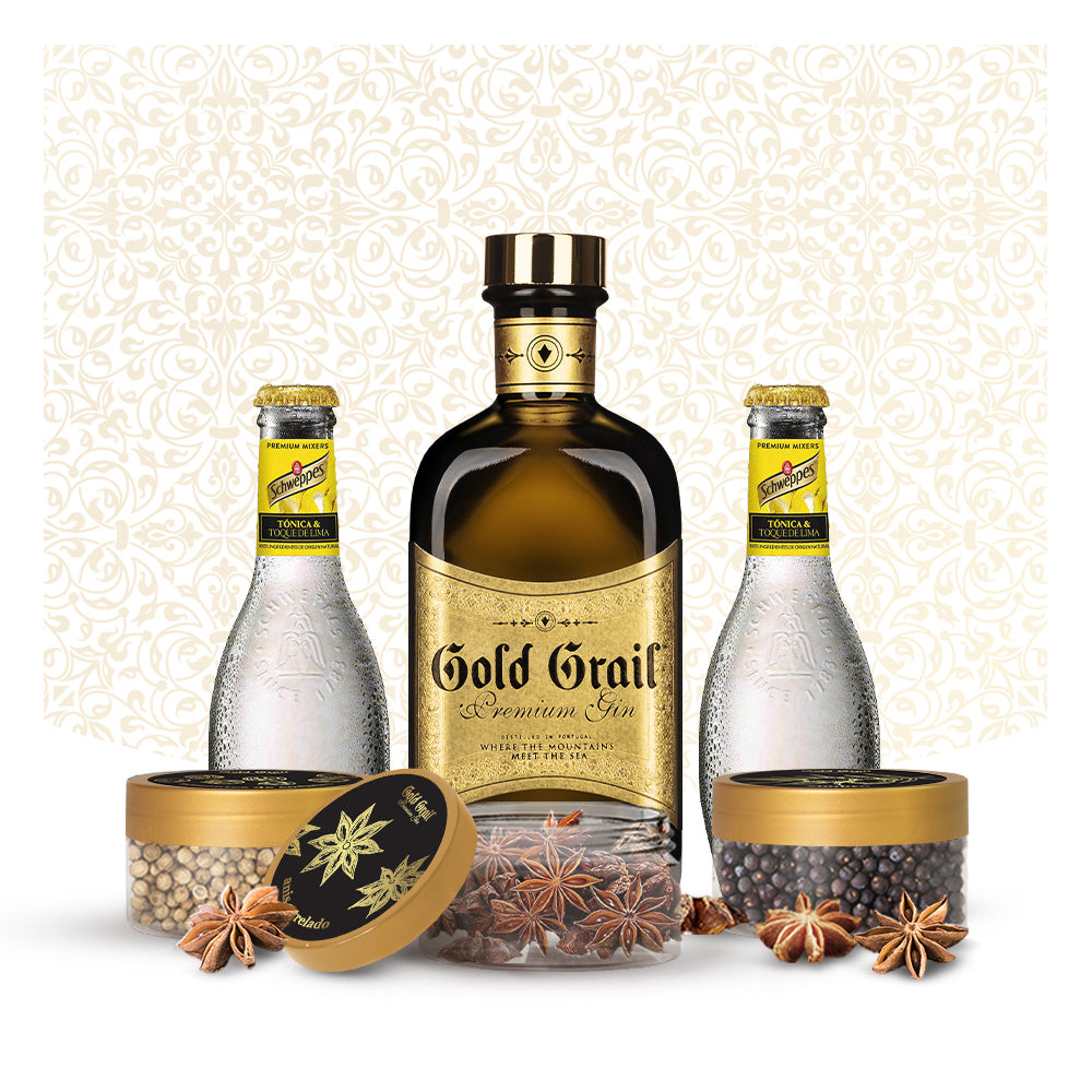 Gold & Tonic: 1 Garrafa Gold Grail Gin + 2 Tónicas Schweppes Premium + Conjunto de 3 Botânicos