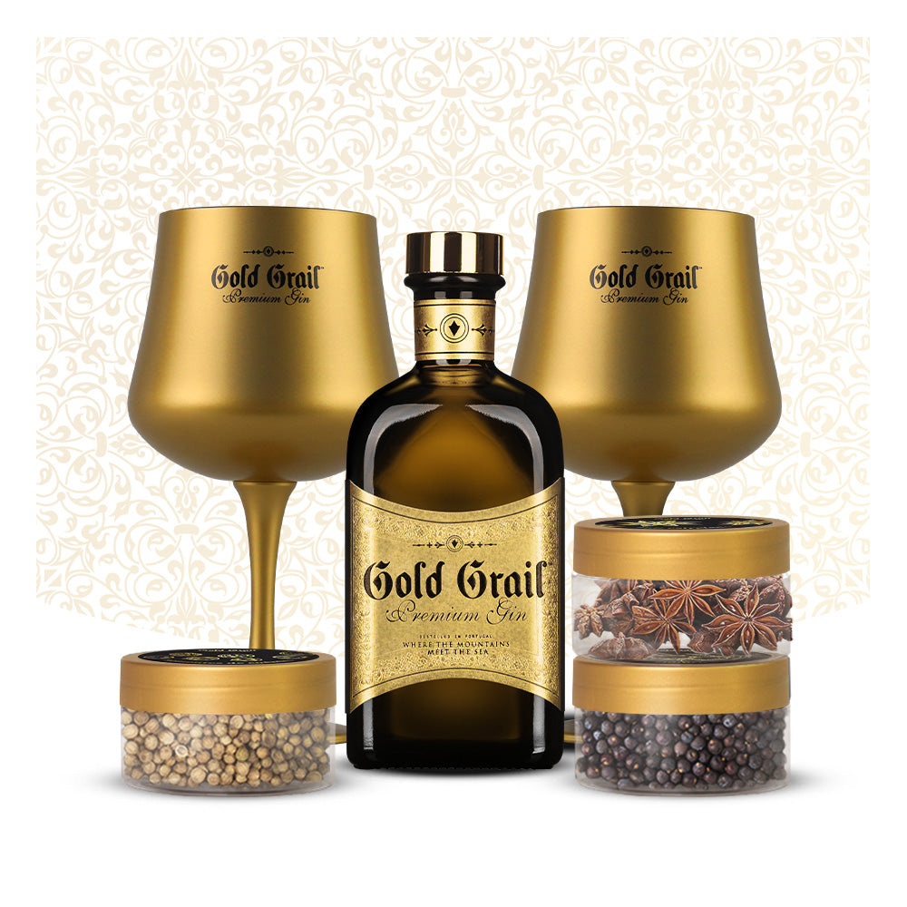 Gold & Botanics: 1 Garrafa Gold Grail Gin + 2 copos + Conjunto de 3 Botânicos