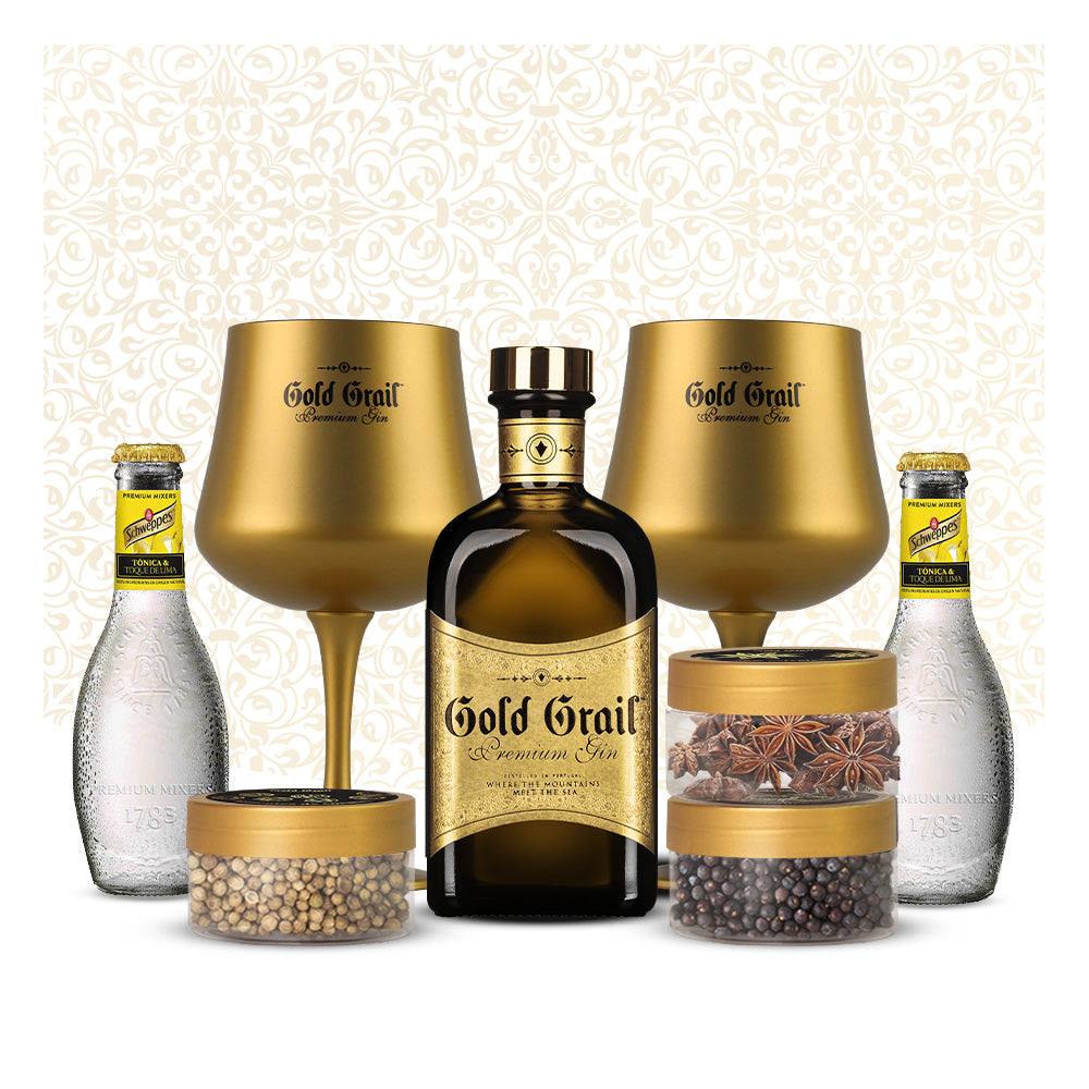 Gold & Friends: 1 Garrafa Gold Grail Gin + 2 Copos + 2 Tónicas Schweppes Premium + Conjunto de 3 Botânicos